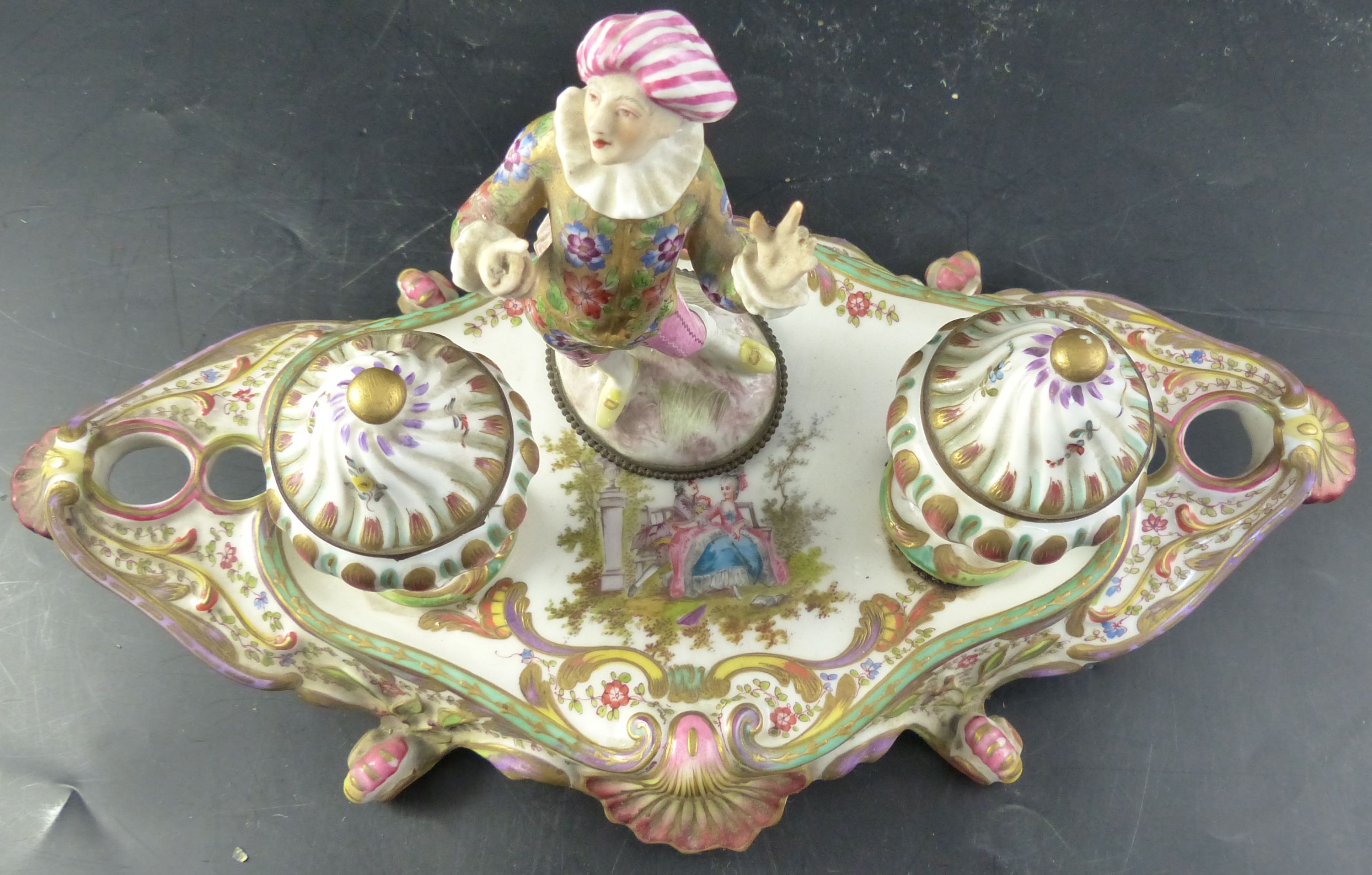 A late 19th / early 20th century Vienna porcelain inkstand, width 33cm height 18cm